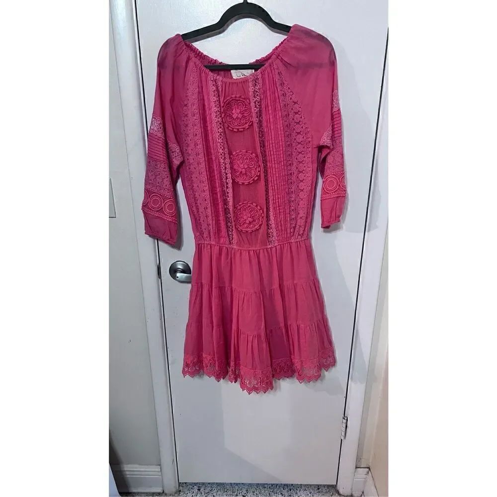 Artelier Nicole Miller Elisa Pink Crochet Cotton Lace Dress Womens Size s